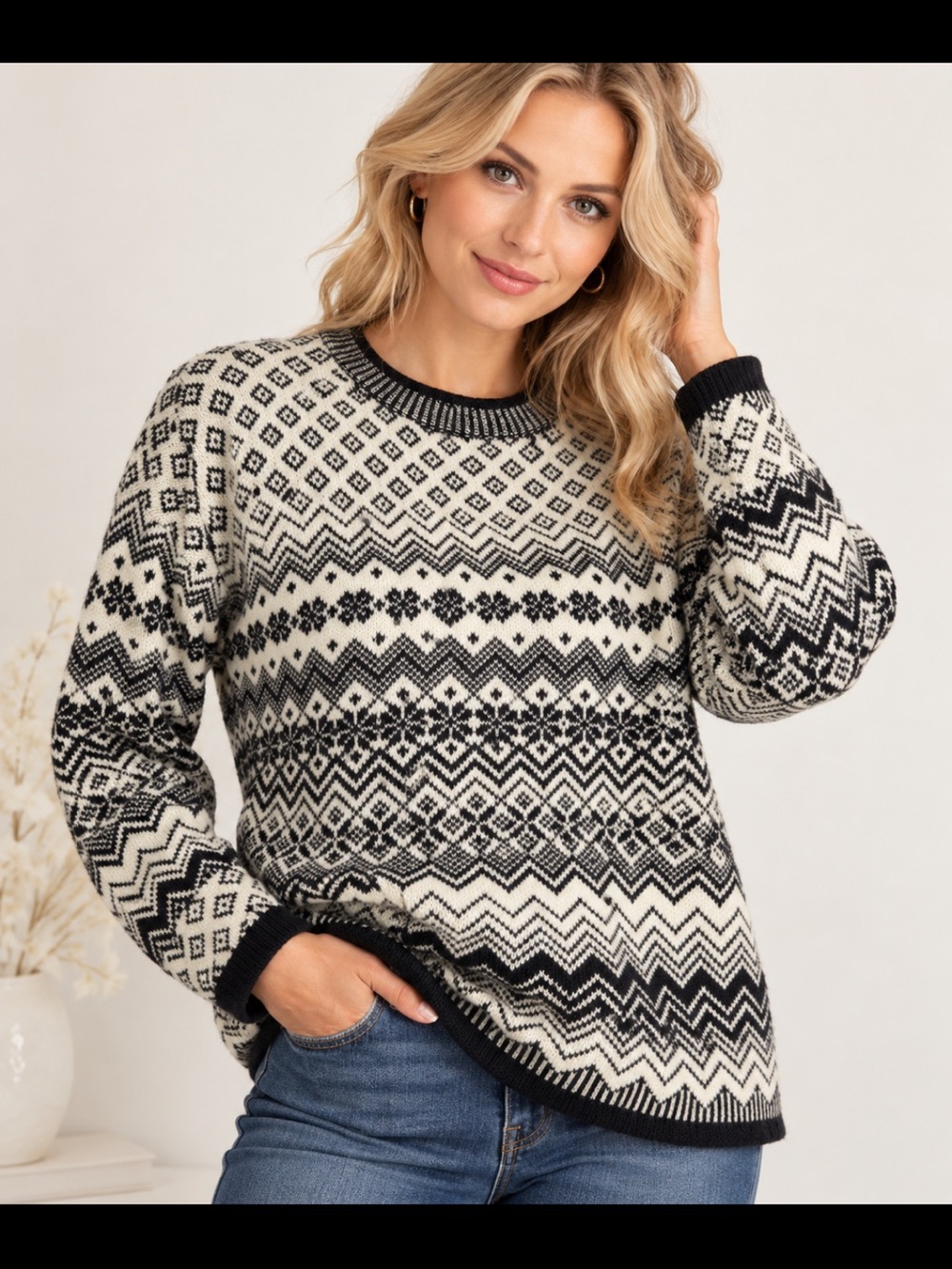 Angora Blend Fair Isle Sweater Women’s XL Black Cream Evan-Picone